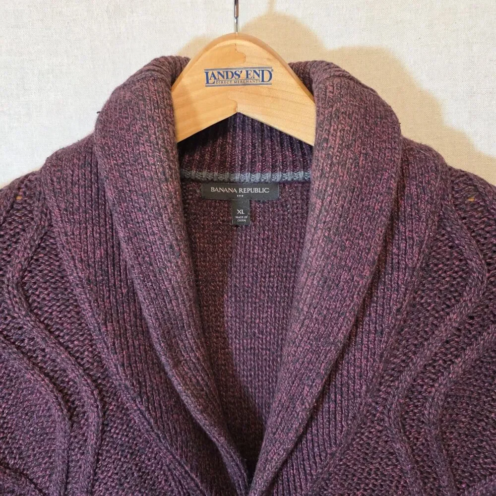 Banana Republic Mens Cardigan XL Burgundy Cable Knit Shawl Collar Ribbed